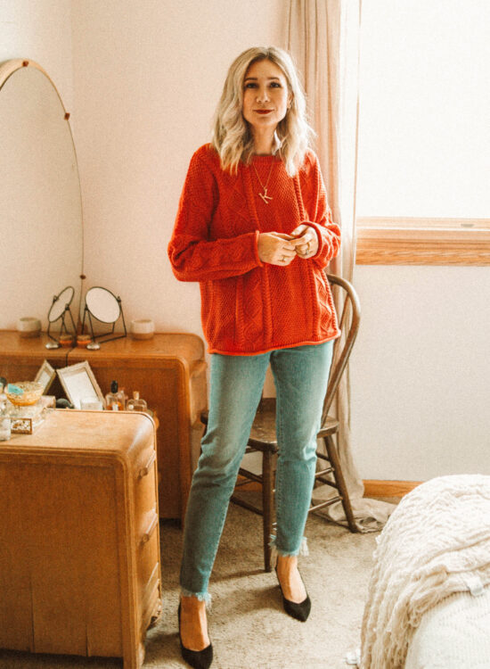 red sweater, madewell jeans, light wash jeans, blonde lob, beach waves