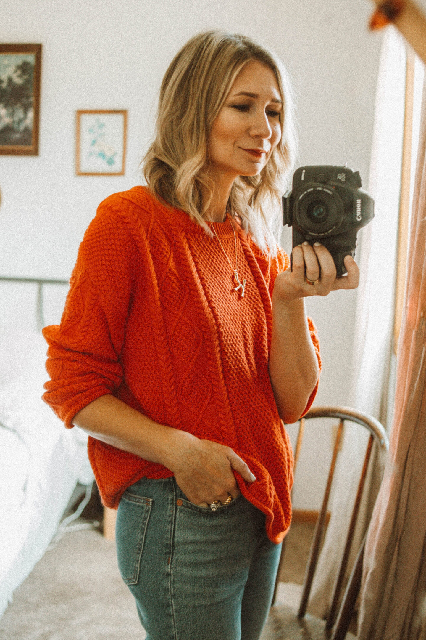 red sweater, madewell jeans, light wash jeans, blonde lob, beach waves