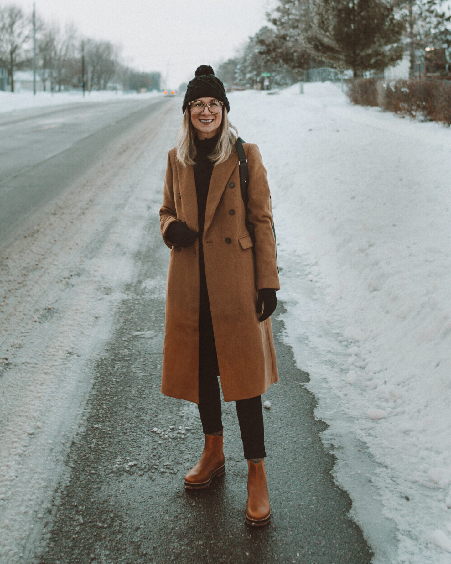 Karin Emily Style | Camel Coat, Black Skinny Jeans, Brown Lug Boots