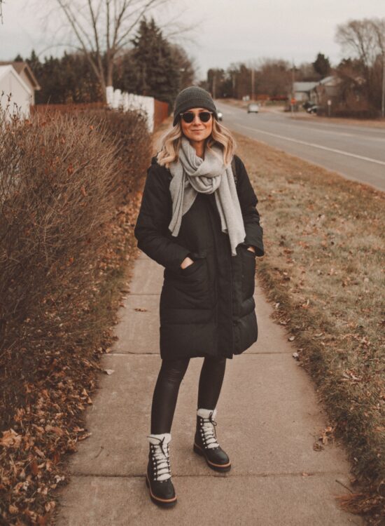 Karin Emily Style | Black Puffer Coat, Everlane Renew Coat, Faux Leather Leggings, Marc Fisher Sherpa Boots, Cashmere Scarf