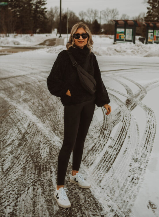 what i wore this week, sherpa pullover, leather leggings, spanx, veja v10 sneakers