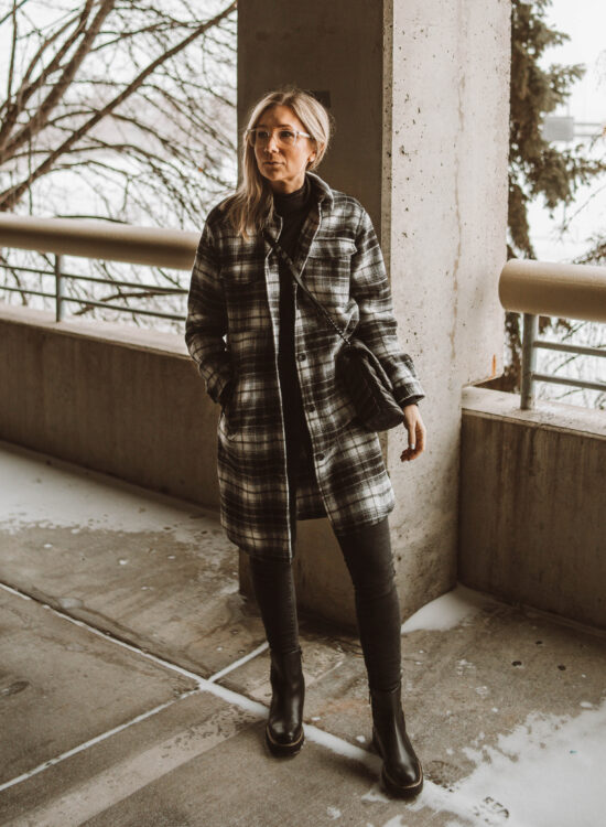 plaid shirt jacket, gray skinny jeans, black combat boots, rebekah minkoff jumpo bag