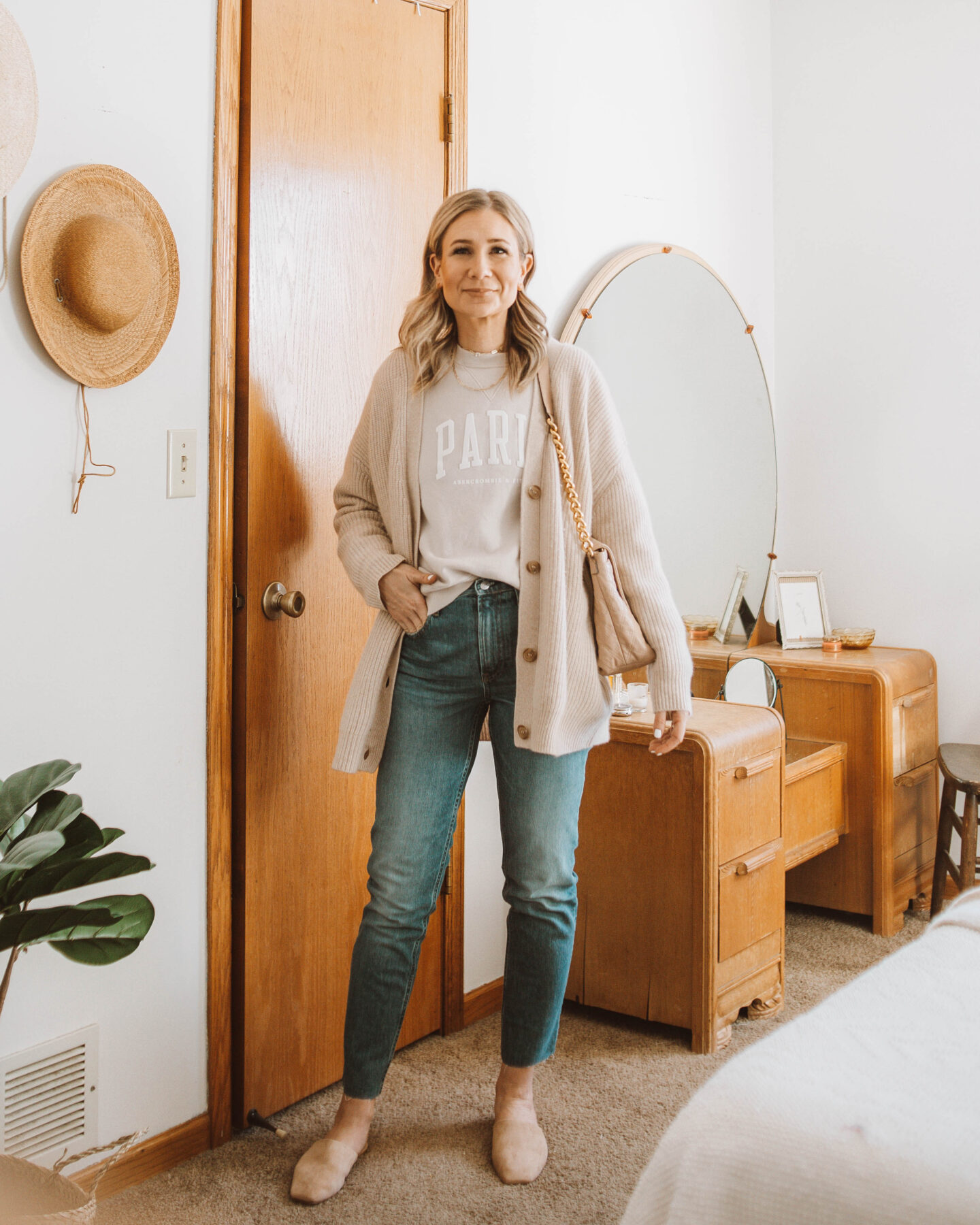 graphic sweatshirt, cashmere cardigan, mom jeans, everlane jeans, nude mules