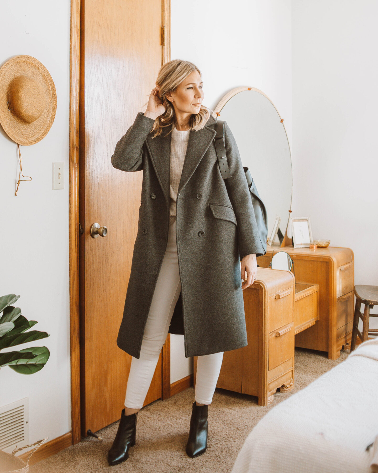 charcoal wool coat, oatmeal sweater, white skinny jeans, black ankle boots