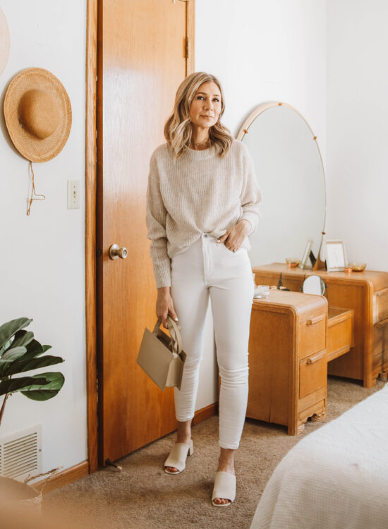 oatmeal sweater, white skinny jeans, nude heeled mules