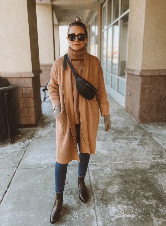 camel duster cardigan, camel turtleneck sweater, dark wash skinny jeans, snakeprint boots