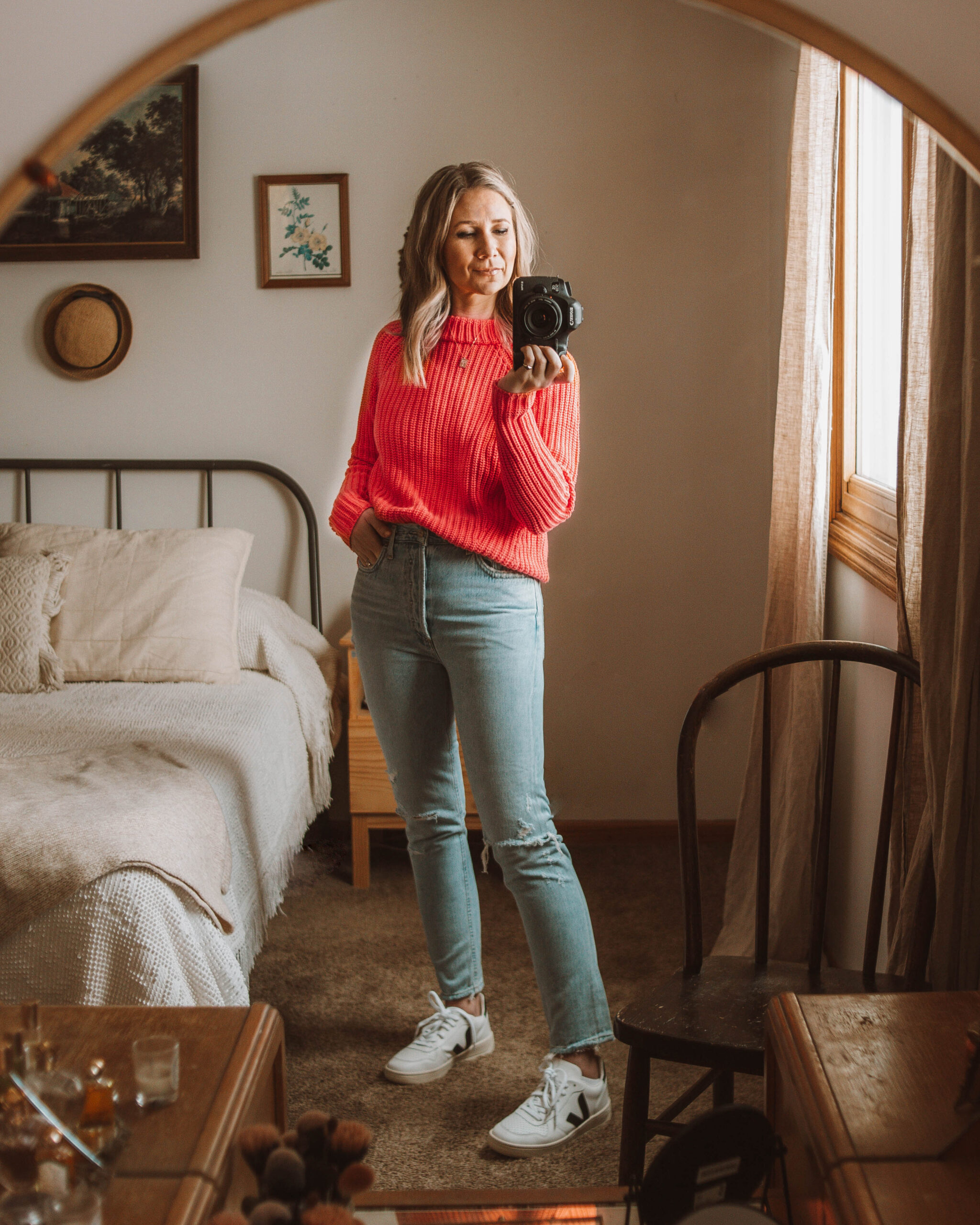 pink sweater, valentines day outfit, agolde jeans, veja v-10 sneakers