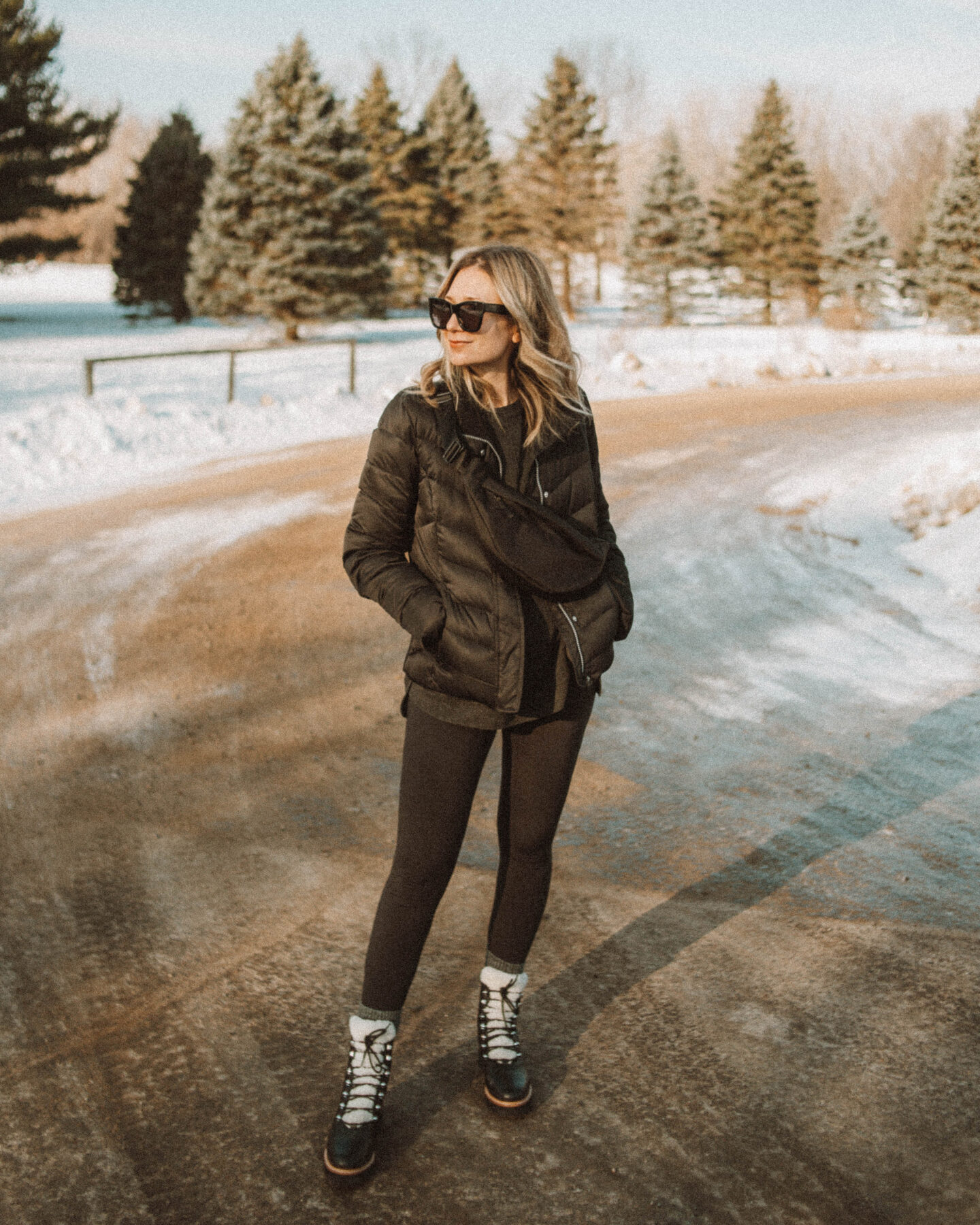 black puffer coat, affordable leggings, sherpa boots