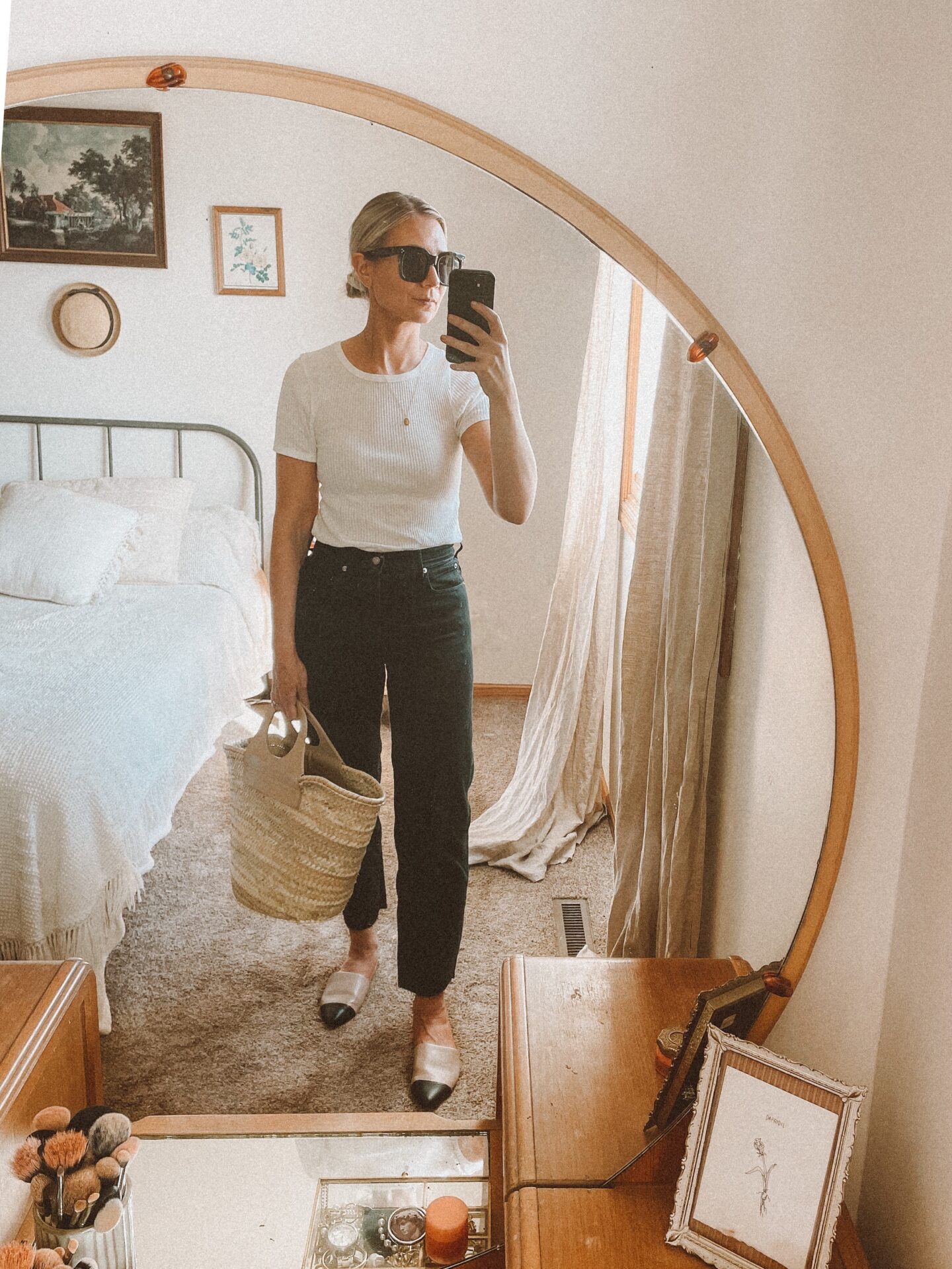 basic white tee, alex mills, everlane way high jean, straight leg jeans, black jeans 2021, cap toe flats, mules, basket bag, hereu bag