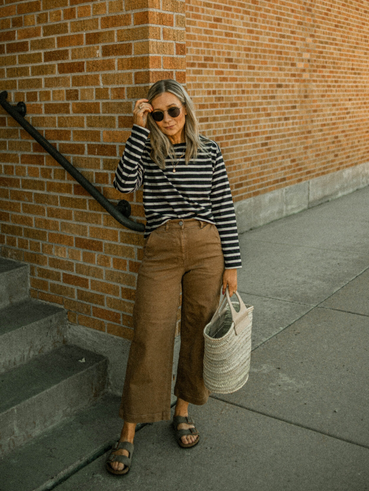 birkenstock arizona, wide leg pants, breton stripe shirt, hereu basket bag