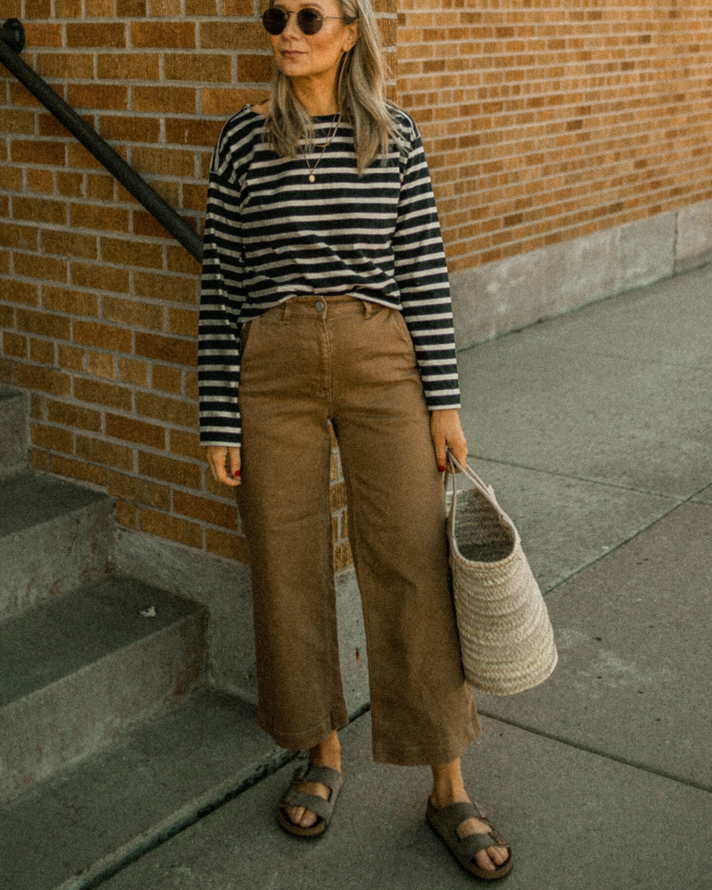 birkenstock arizona, wide leg pants, breton stripe shirt, hereu basket bag