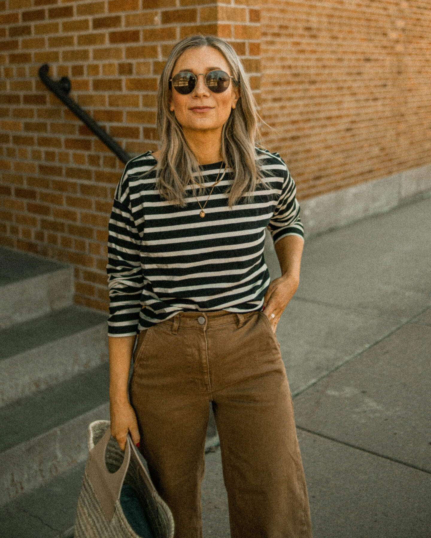 birkenstock arizona, wide leg pants, breton stripe shirt, hereu basket bag