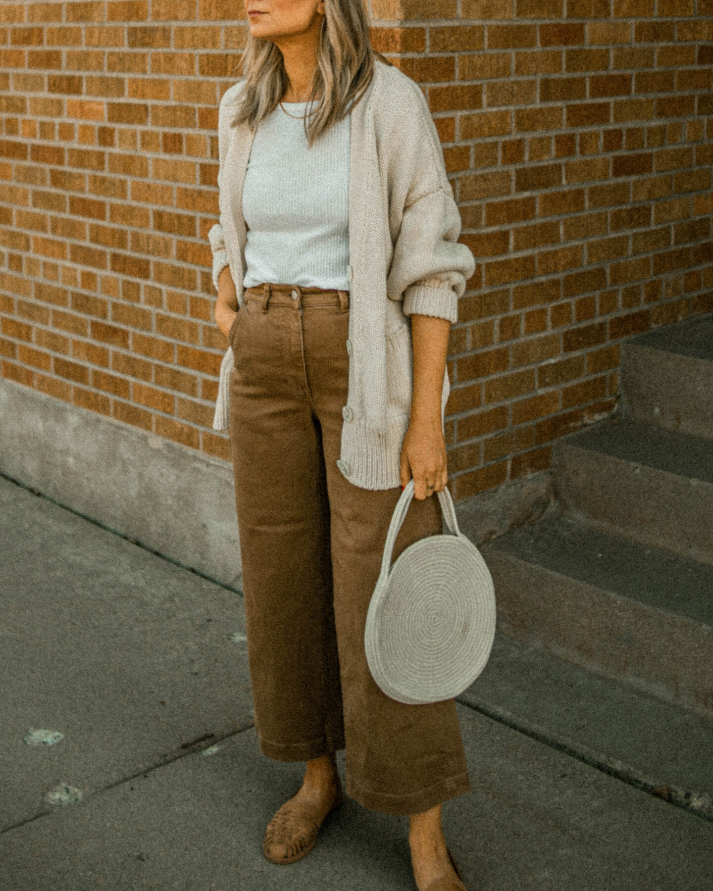 wide leg pants, ribbed white tee, babaa cardigan, oversized sweater, nisolo huarache sandal, brown sandals, white rope bag