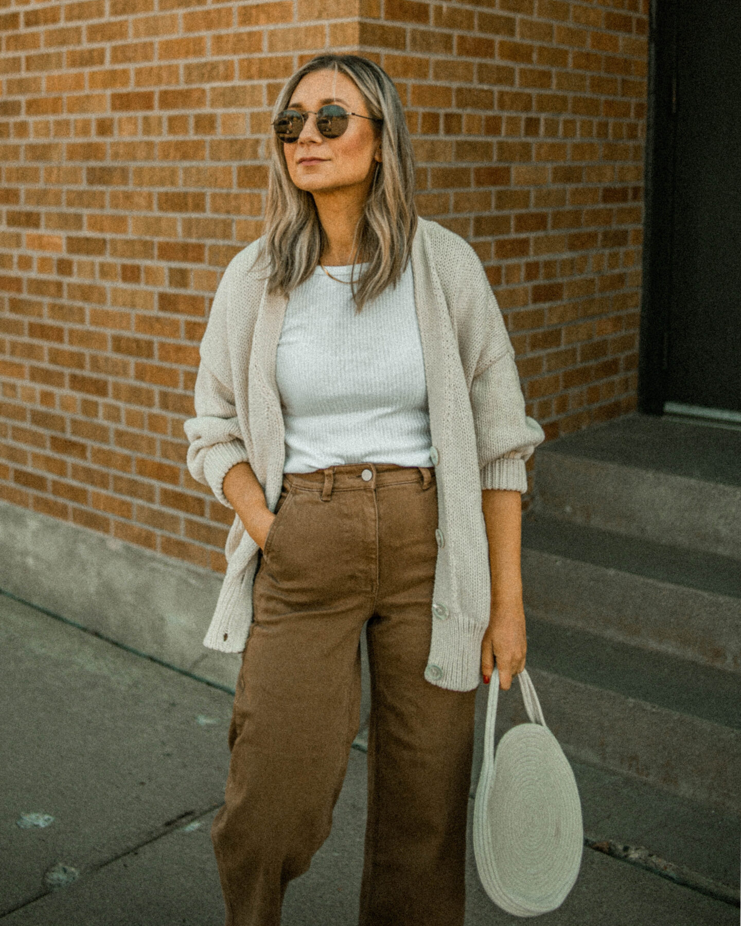 wide leg pants, ribbed white tee, babaa cardigan, oversized sweater, nisolo huarache sandal, brown sandals, white rope bag