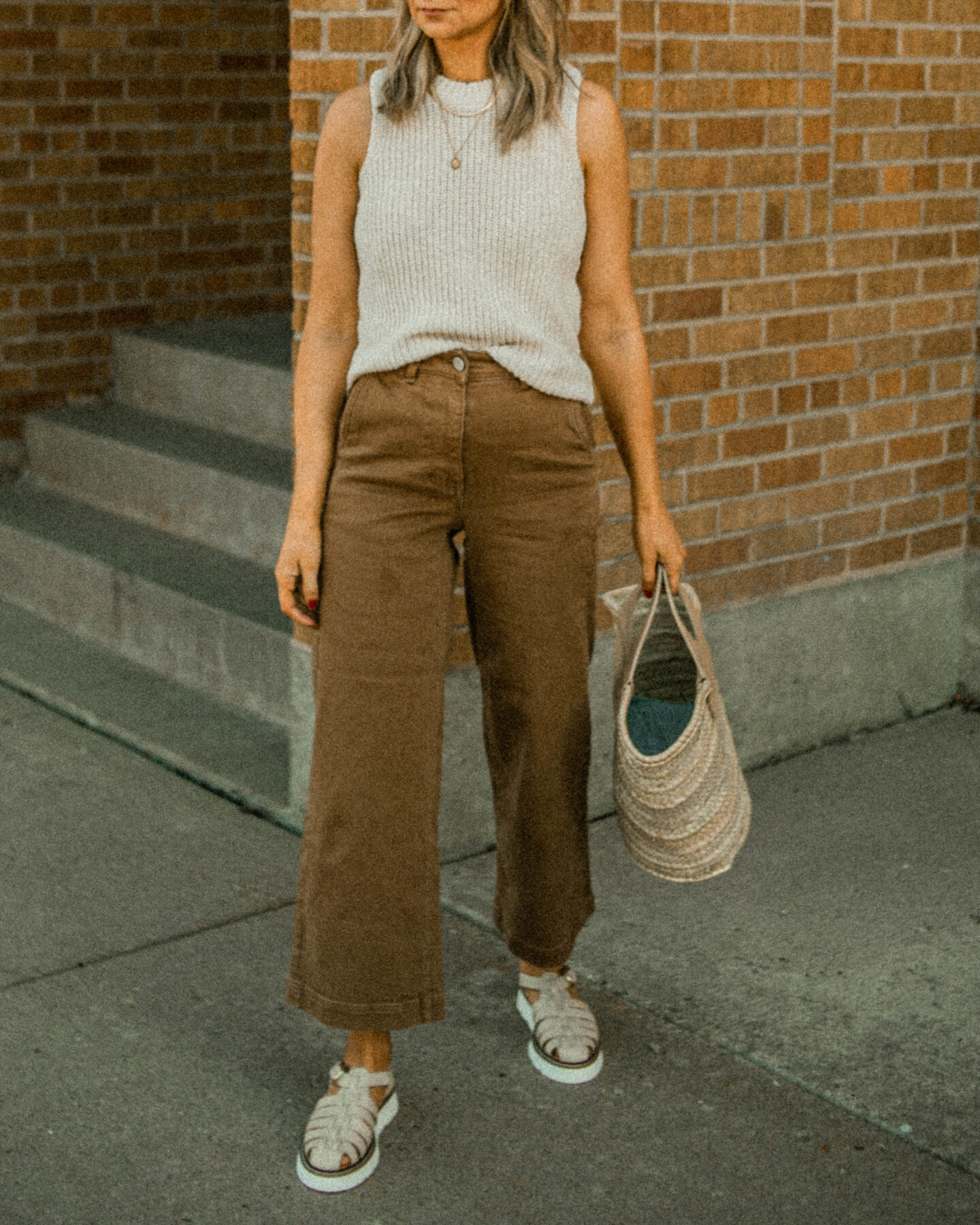 wide leg pants, everlane wide leg crop pants, fisherman sandals, cream sandals, cream sweater tank, sweater vest, hereu basket bag