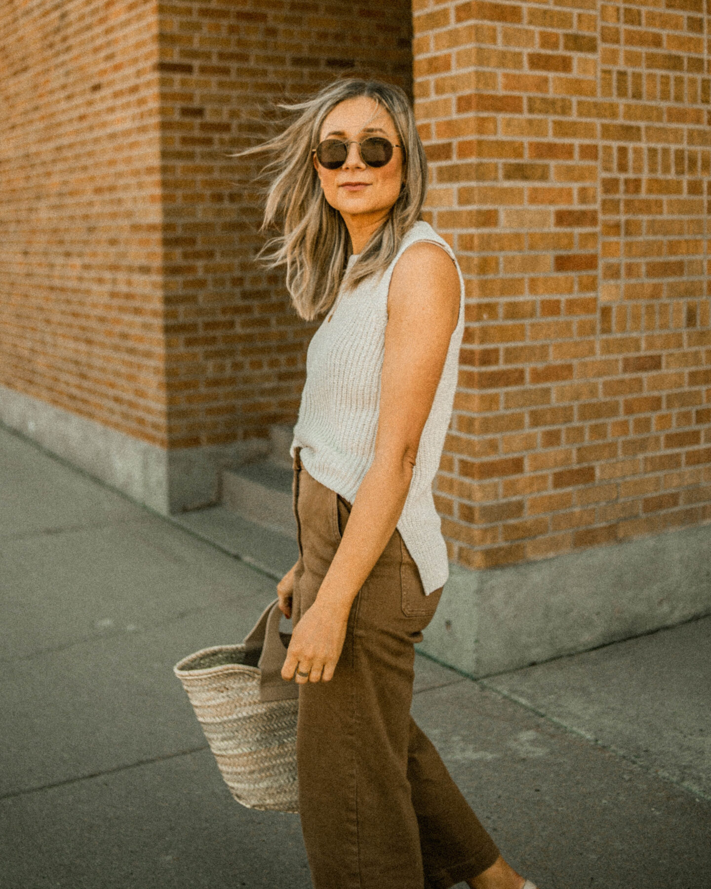 wide leg pants, everlane wide leg crop pants, fisherman sandals, cream sandals, cream sweater tank, sweater vest, hereu basket bag