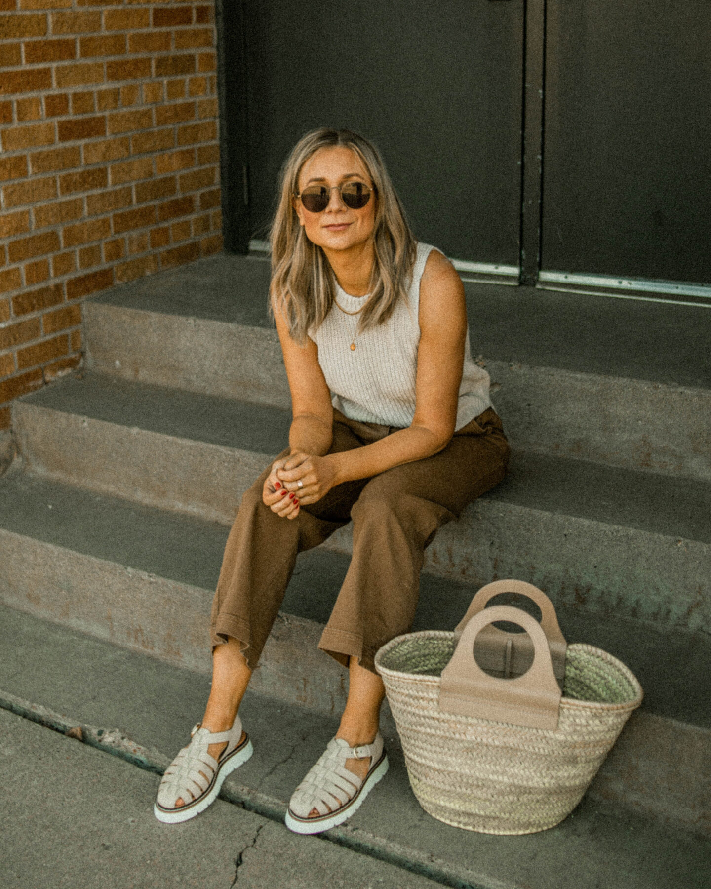 wide leg pants, everlane wide leg crop pants, fisherman sandals, cream sandals, cream sweater tank, sweater vest, hereu basket bag