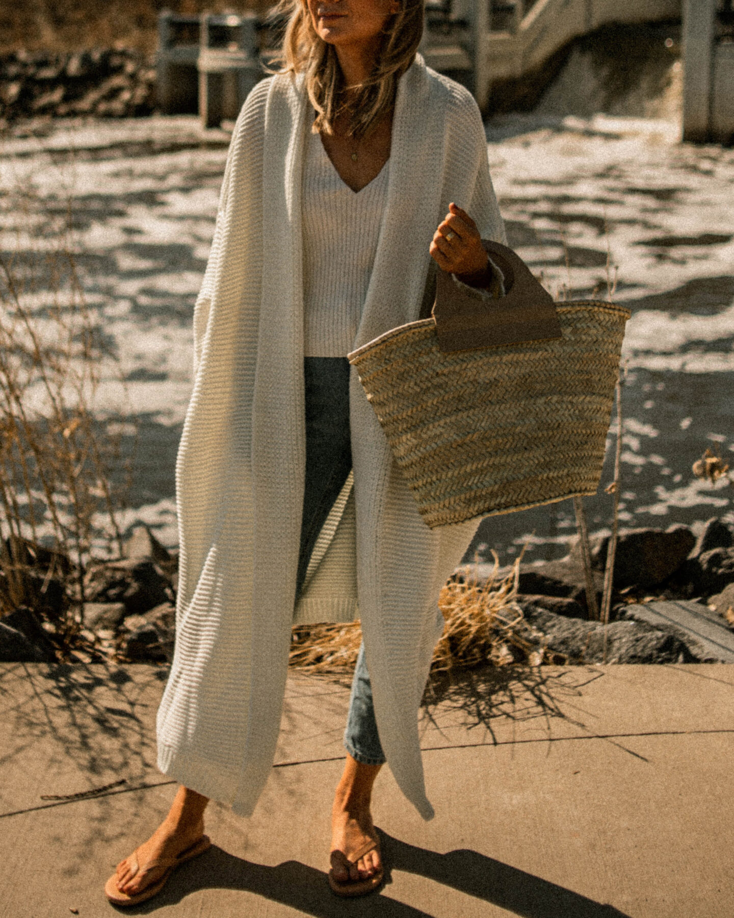 Spring Revolve Picks, white maxi cardigan, white sweater tank, light wash mom jeans, brown flip flops, tkees flip flops, basket bag