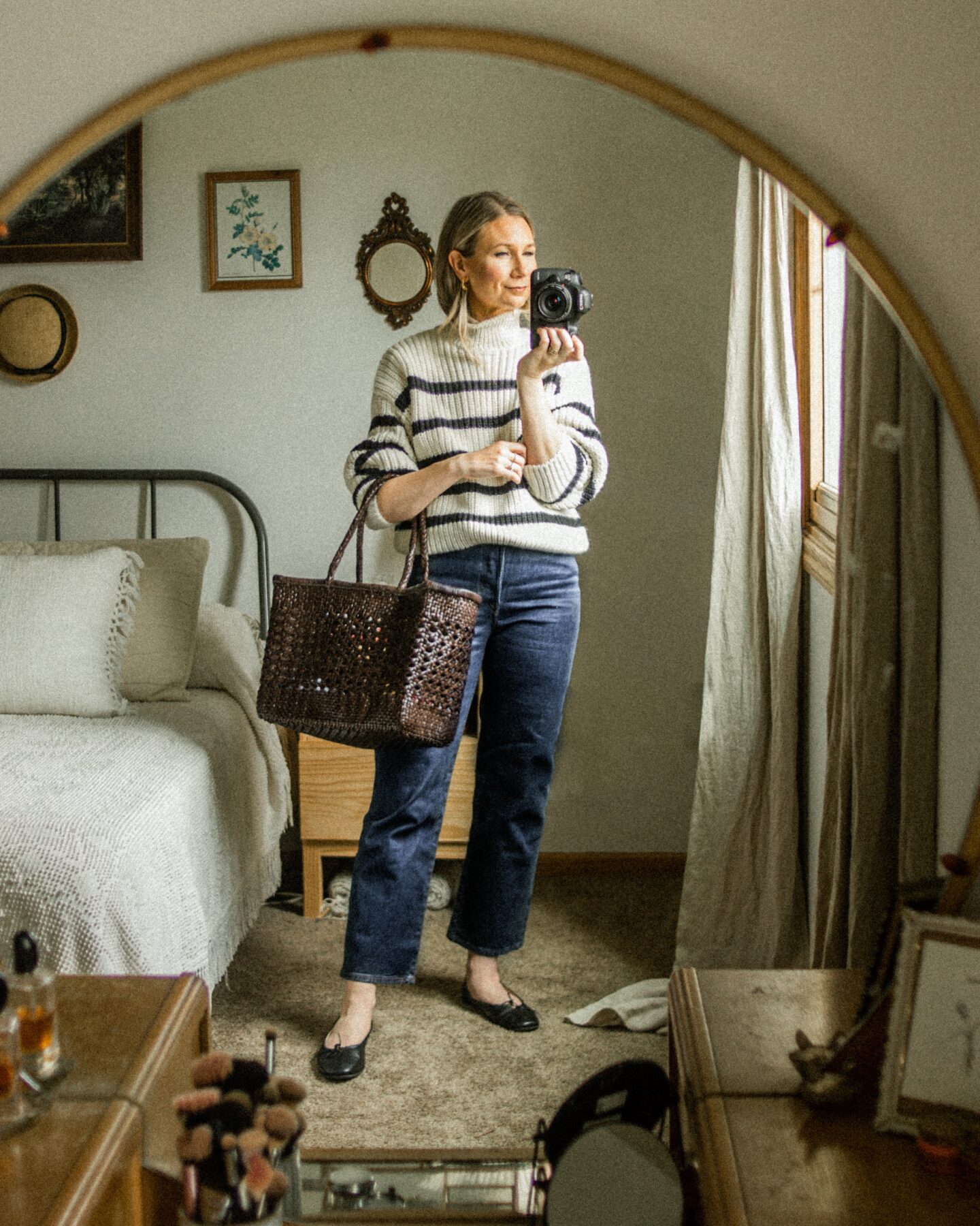  basket bag, dragon diffusion, Breton stripe sweater, black ballet flats, Parisian outfit