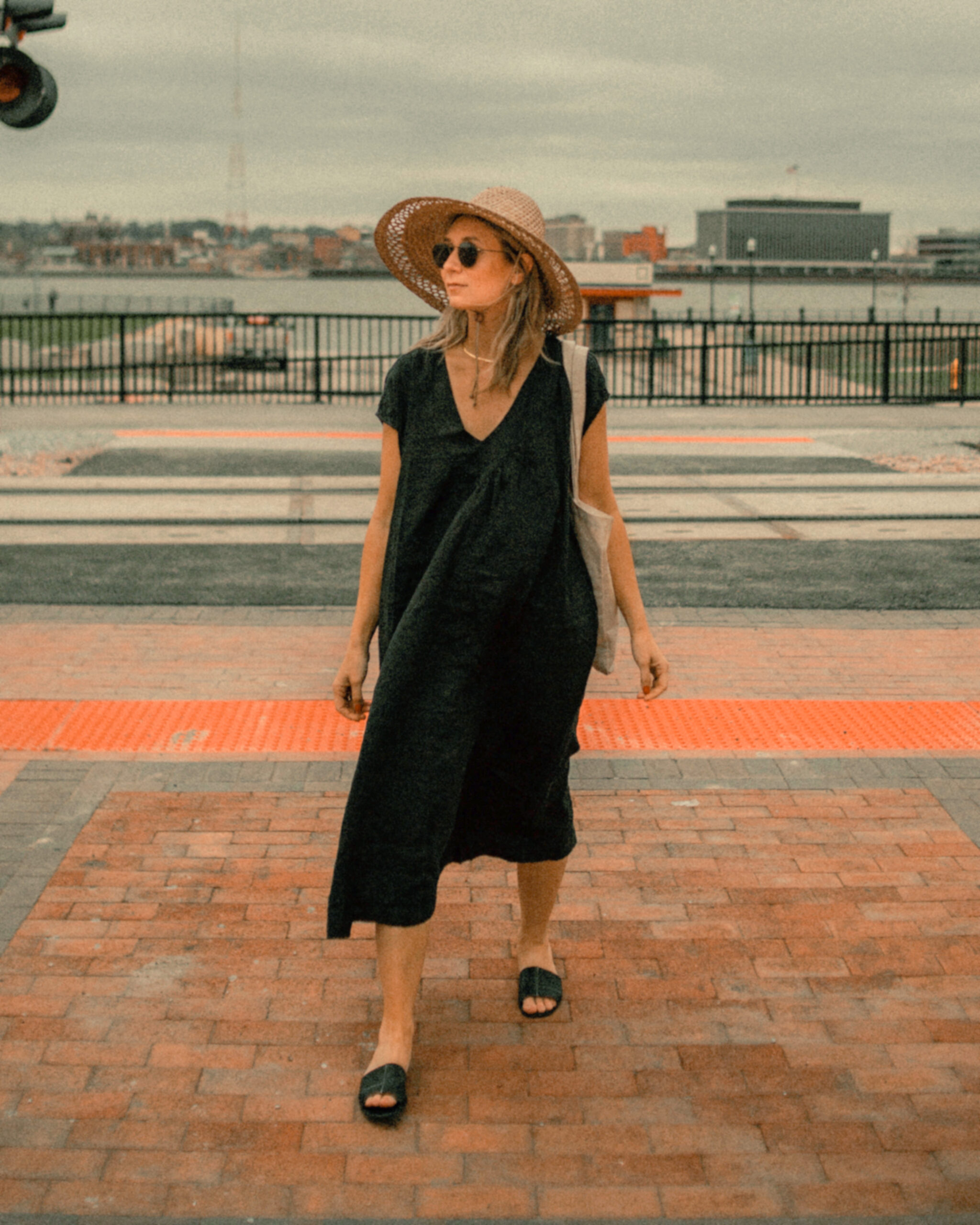 Black Linen Dress and a Straw Hat
