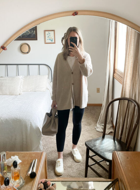 what I wore this week, cashmere cardigan, legging outfit, white sneakers, polene no. 6 bag