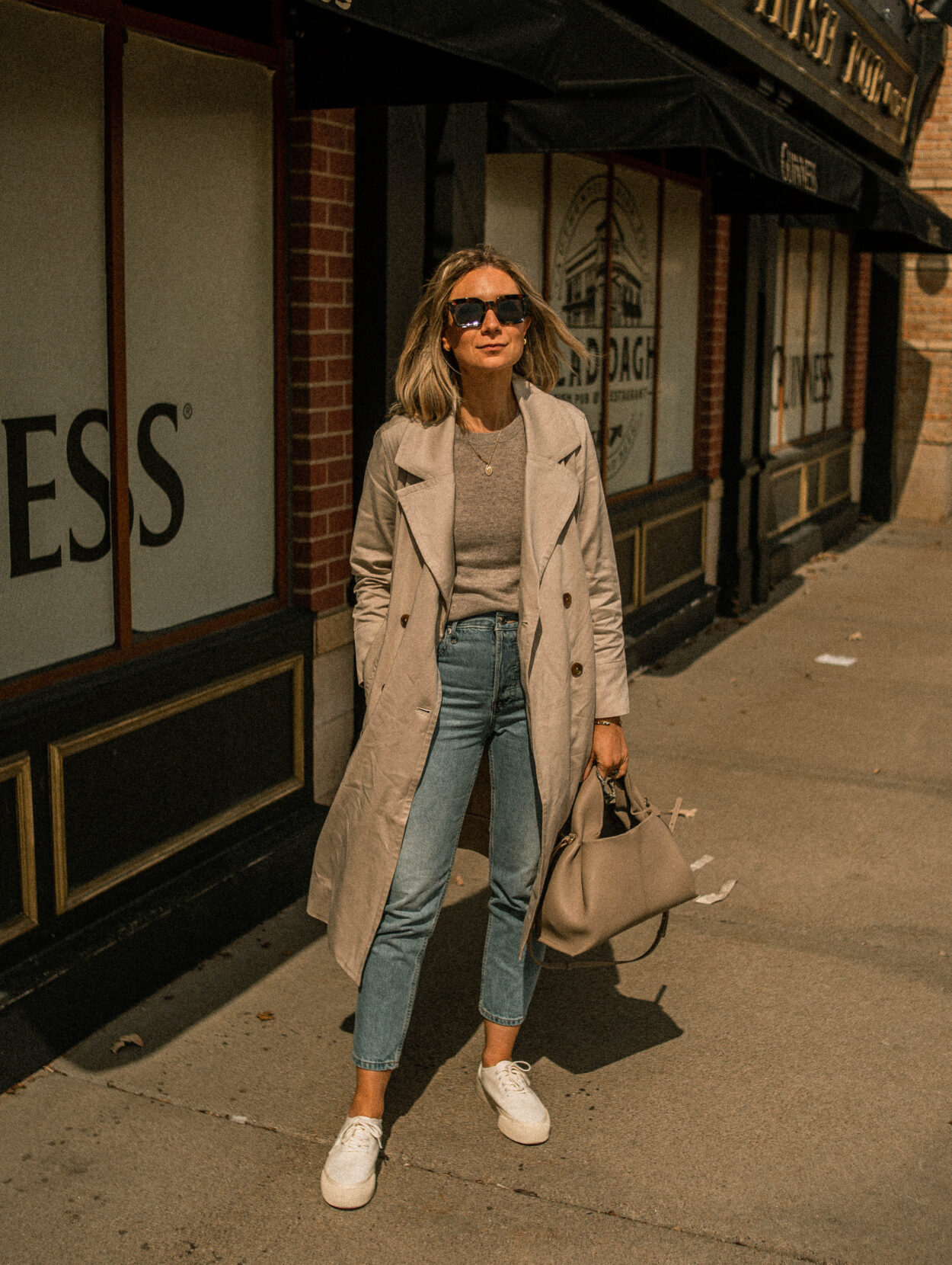 everlane, drapey trench coat, cashmere tee, platform sneaker