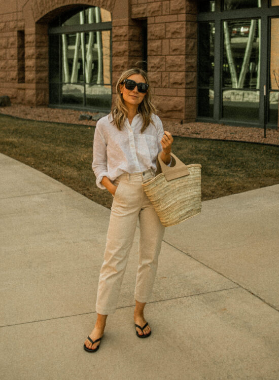 everlane straight leg crop pants, straight leg pants, khaki pants, white linen button down, basket bag, black flip flops