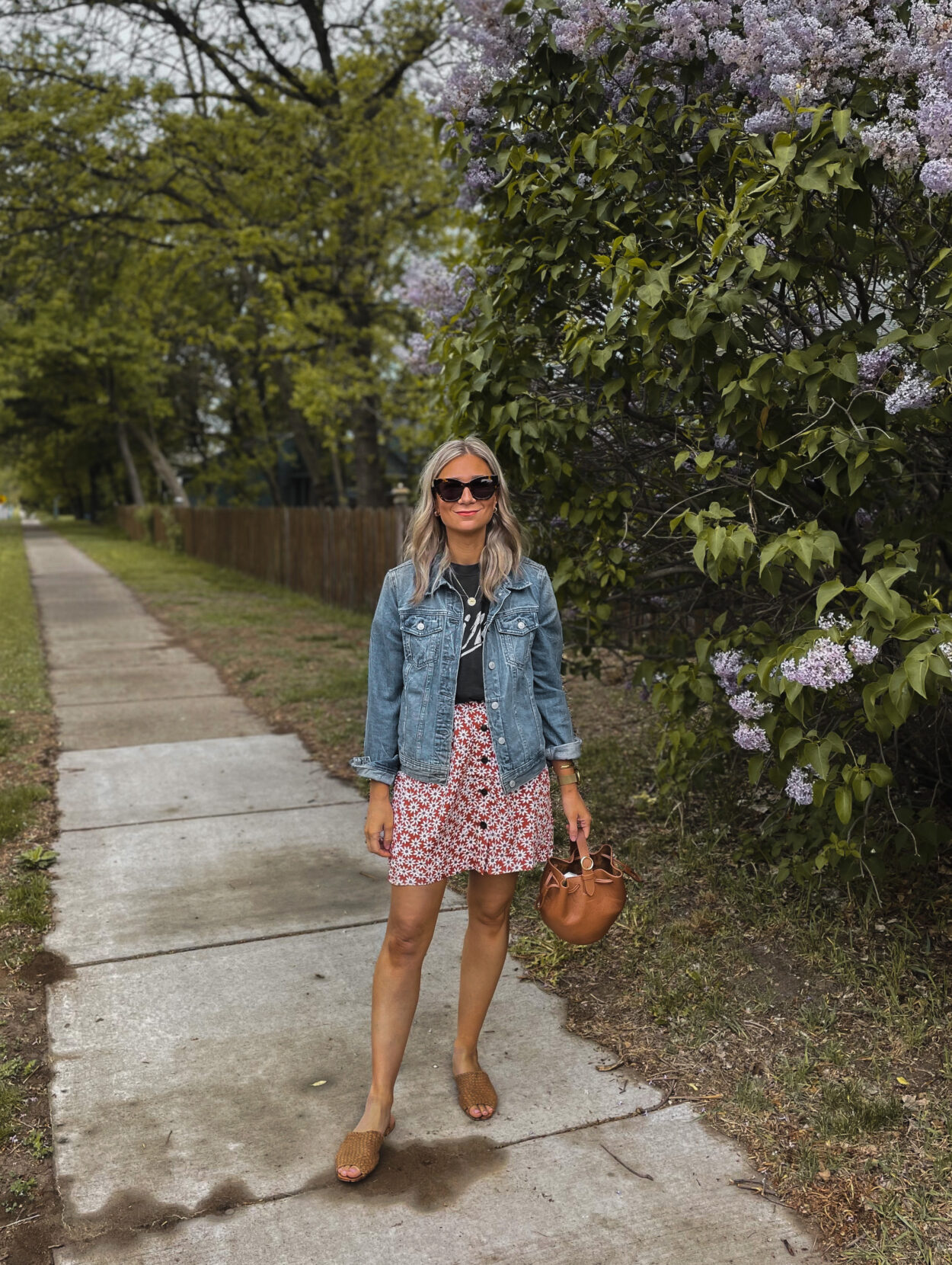 How to Style a Mini Skirt for Transitional Weather, Madewell Mini skirt, Madewell floral skirt, Best Jean Jacket, Anine Bing Graphic Tee