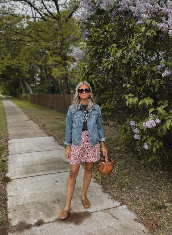 How to Style a Mini Skirt for Transitional Weather, Madewell Mini skirt, Madewell floral skirt, Best Jean Jacket, Anine Bing Graphic Tee