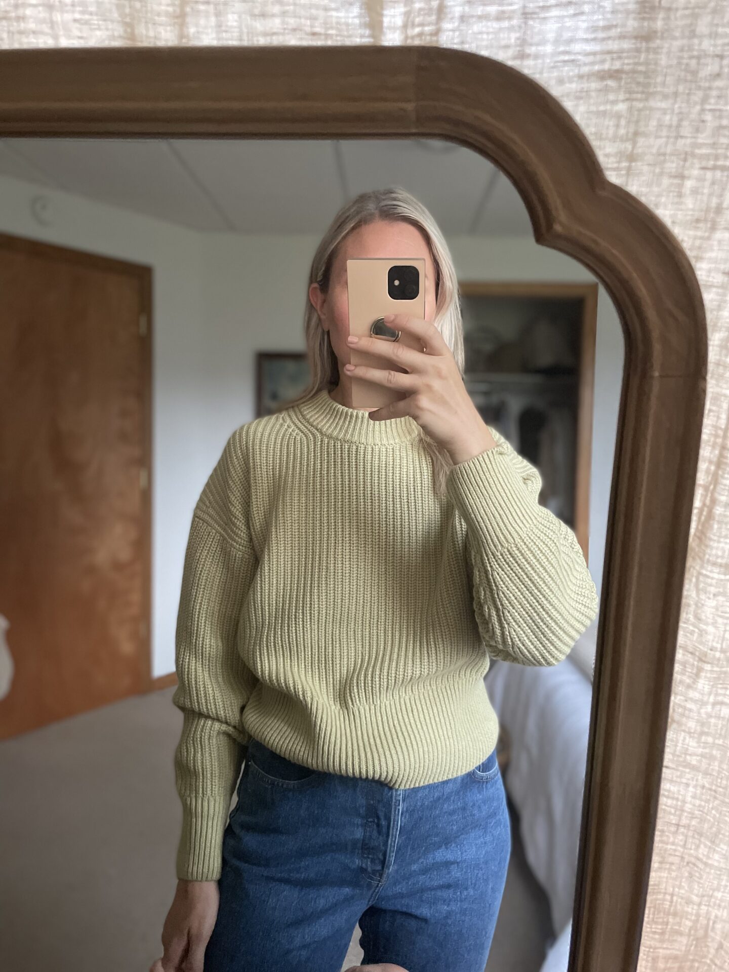 Karin Emily wears a sage green sweater from Everlane, everlane for fall