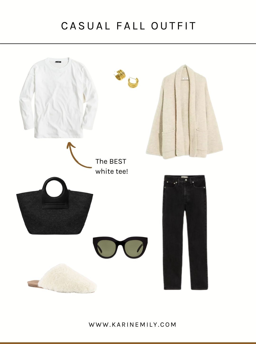 A collage of a casual fall outfit with a shawl cardigan, black jeans, a white tee, sherpa mules, a black bag and sunglasses