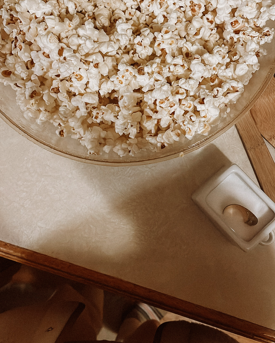 bowl of popcorn sitting on the counter