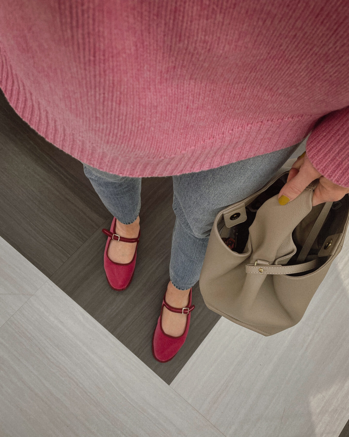 Pink Sweater and Pink Mary Janes for spring