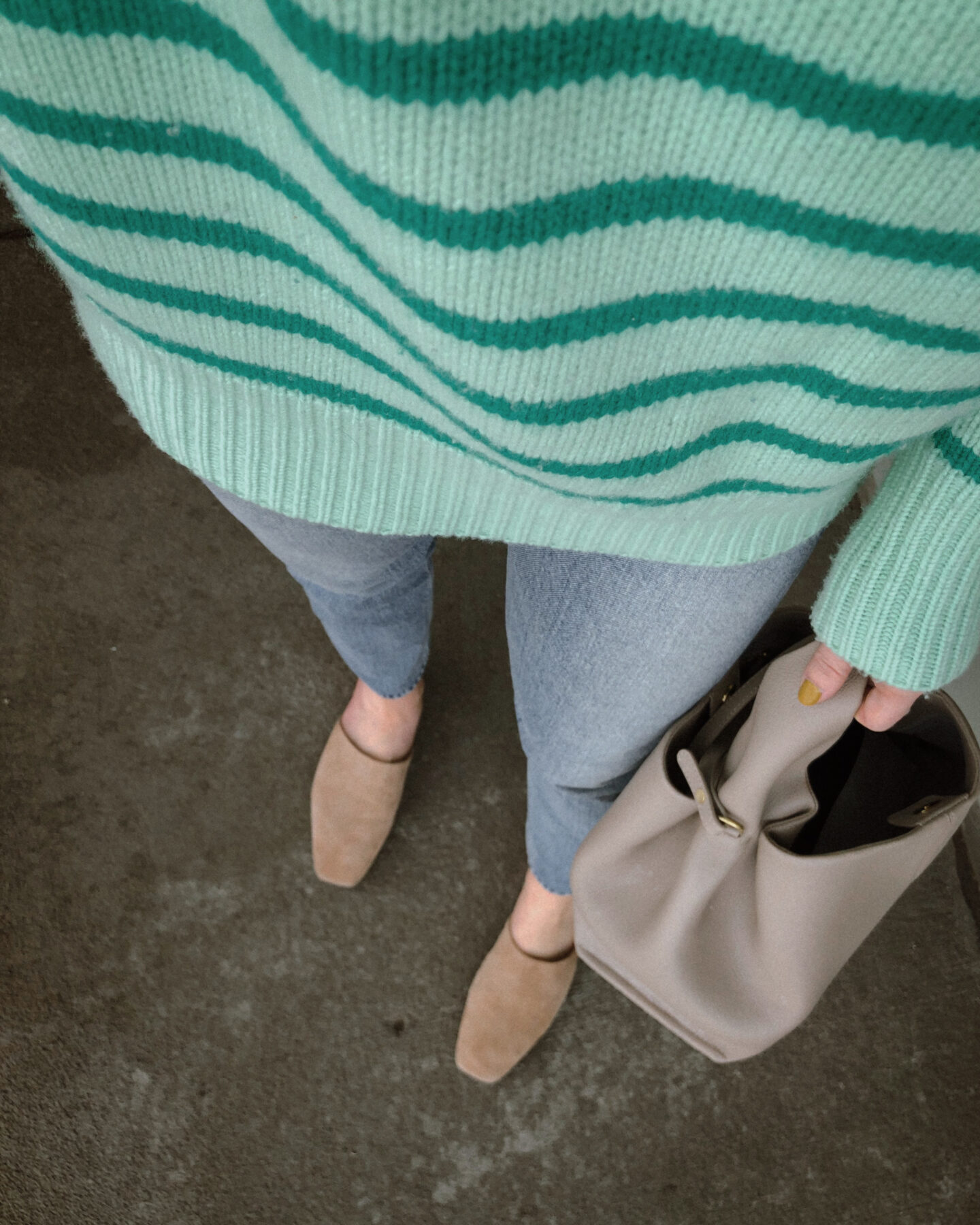 Pale Green Striped Sweater and Nude Mules