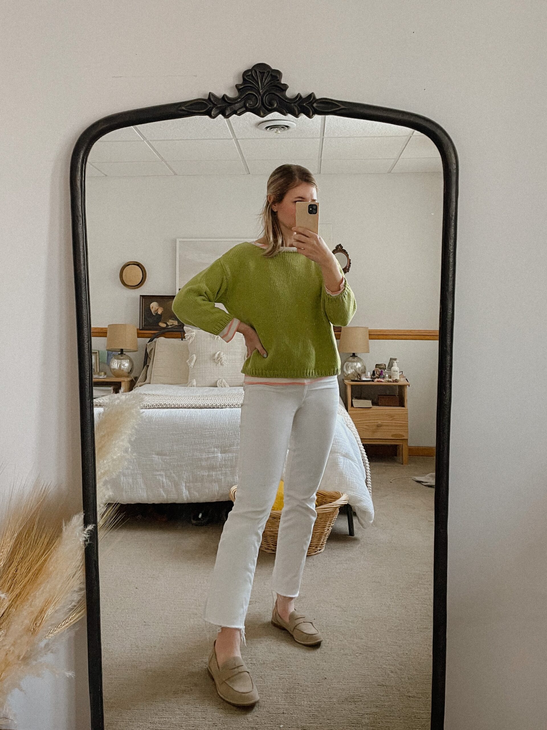 Lime Green Sweater & White Jeans
