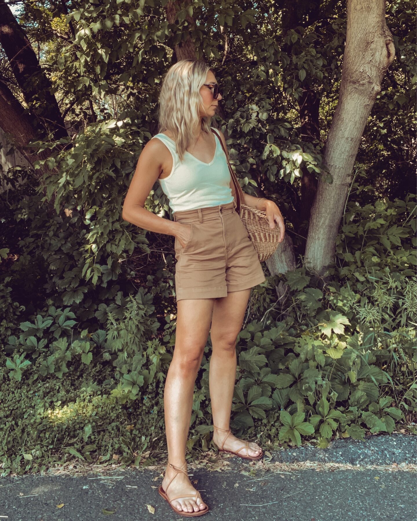 Karin Emily wears her Everlane favorites: brown canvas shorts