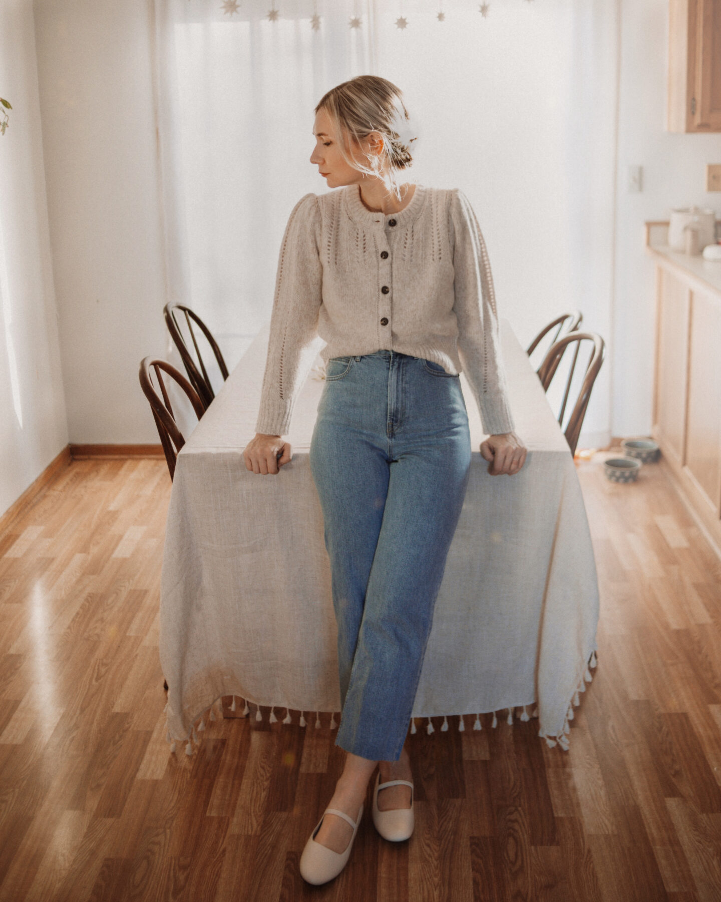 Karin Emily wears her Everlane favorites: a light wash pair of rigid way high jeans