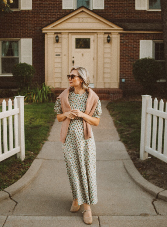 Karin Emily wears her doen favorites for fall: a floral maxi dress and cardigan sweater