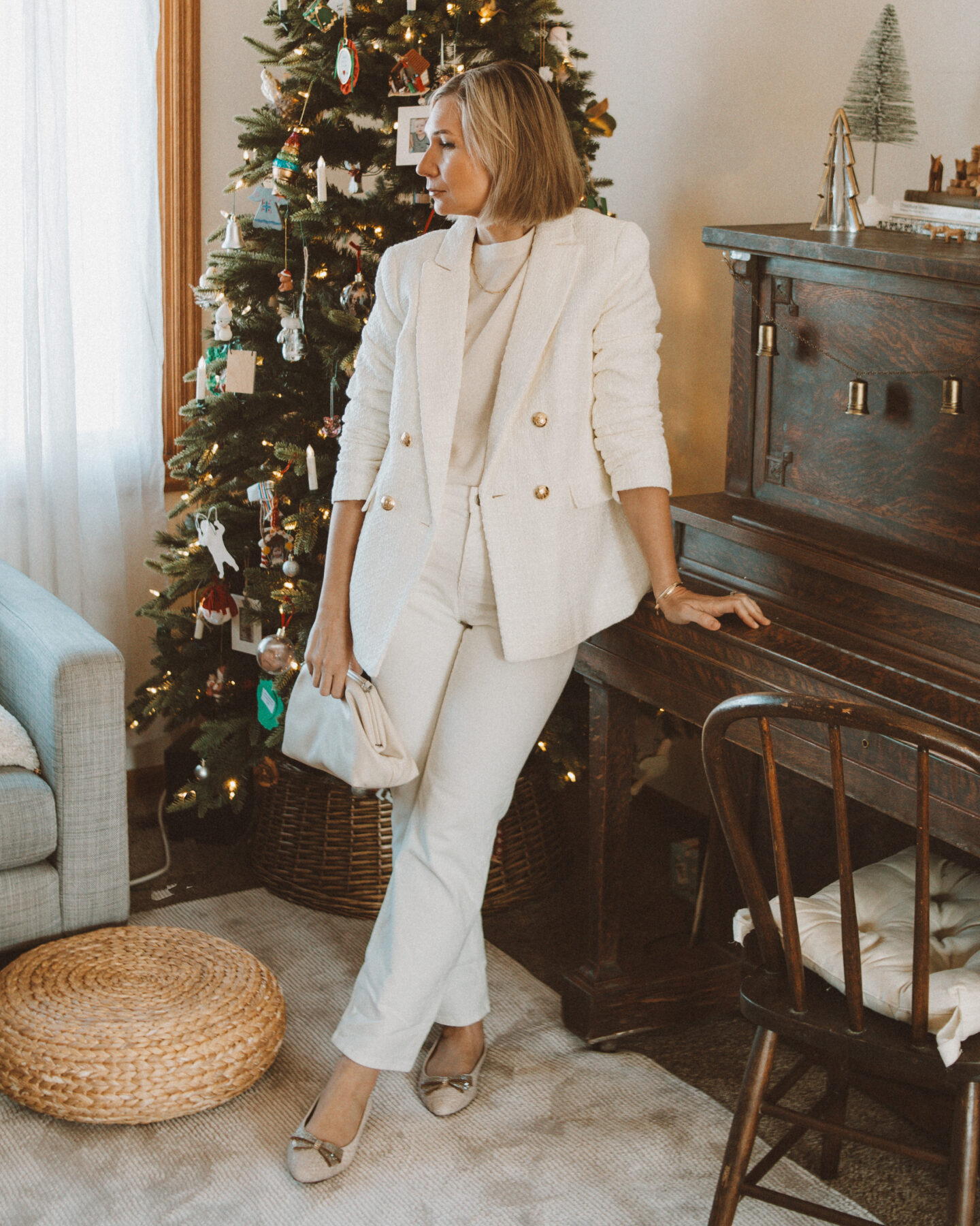 what to wear for New Years Eve: a monochromatic winter white outfit with a tweed blazer, cashmere sweater, and sparkly flats from Talbots