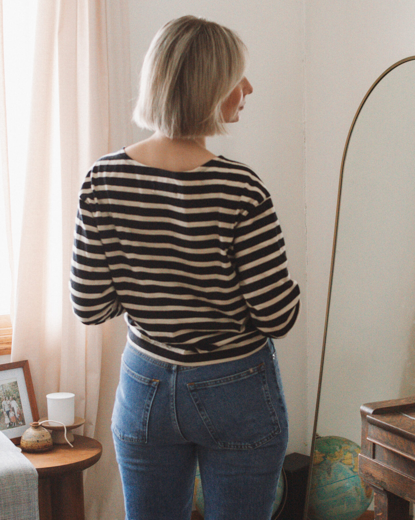 Karin Emily wears and reviews the new Way High Slim Jean from Everlane with a Breton tee and a pair of brown ballet flats