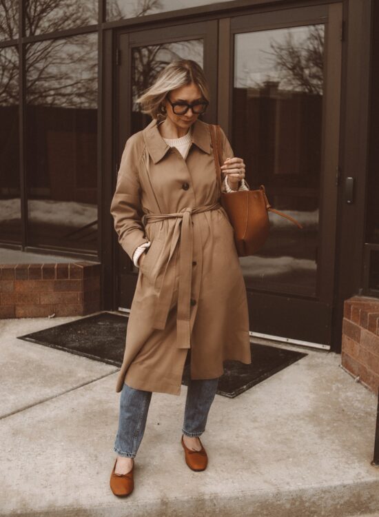 Karin Emily wears and reviews a trench coat, way high slim jeans, and ballet flats from Everlane