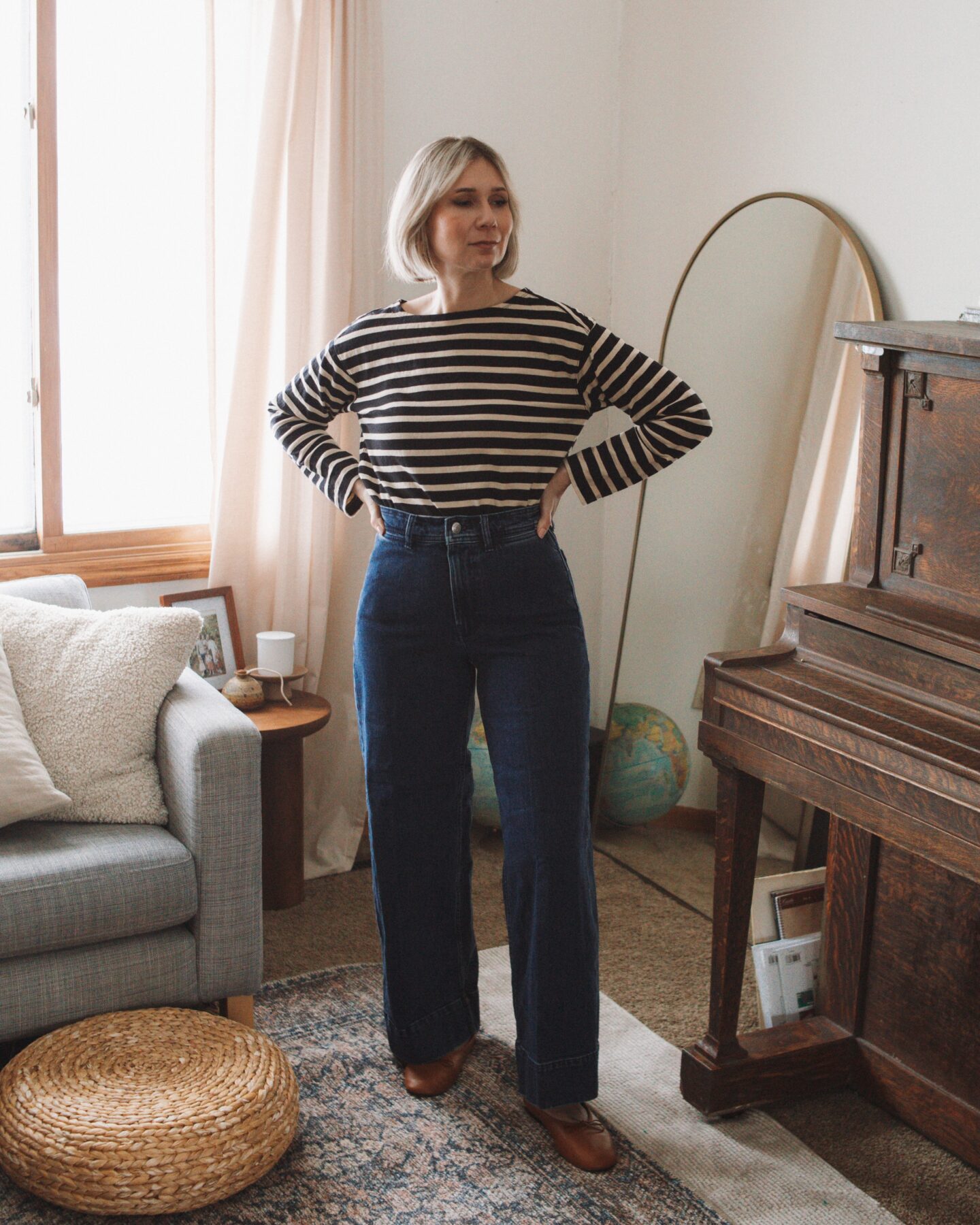 Karin Emily wears and reviews the new Way High Sailor Jean from Everlane with a Breton tee and a pair of brown ballet flats