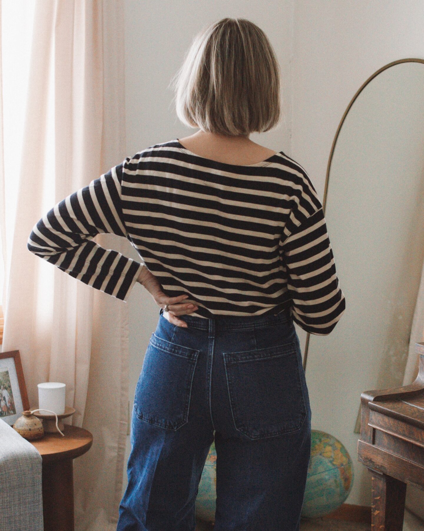 Karin Emily wears and reviews the new Way High Sailor Jean from Everlane with a Breton tee and a pair of brown ballet flats