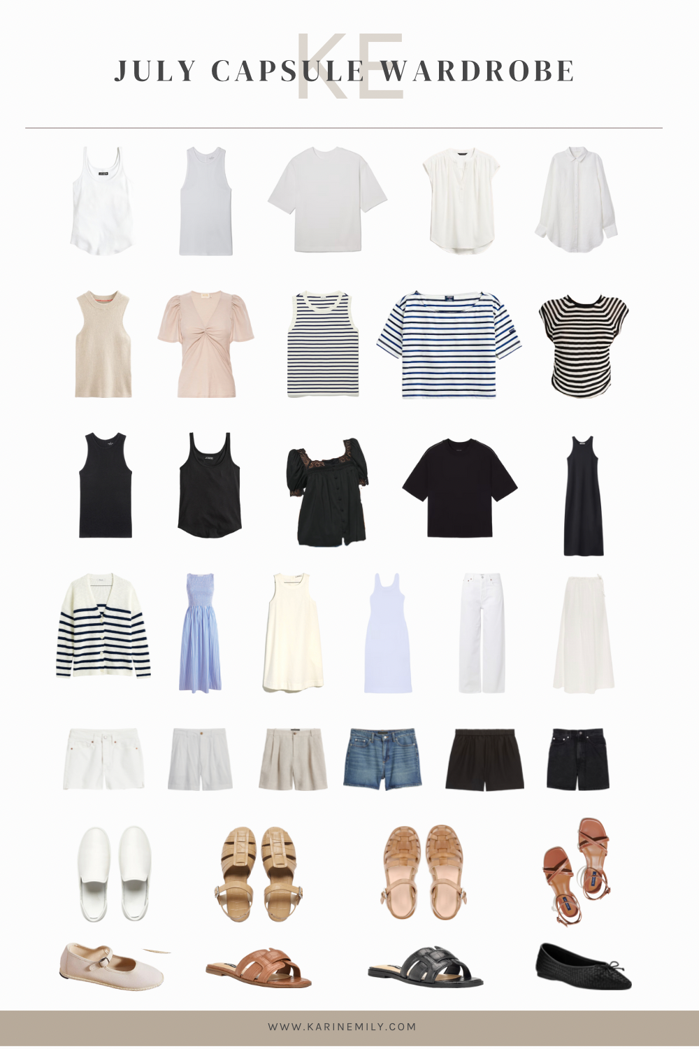 a collage of a warm weather summer capsule wardrobe